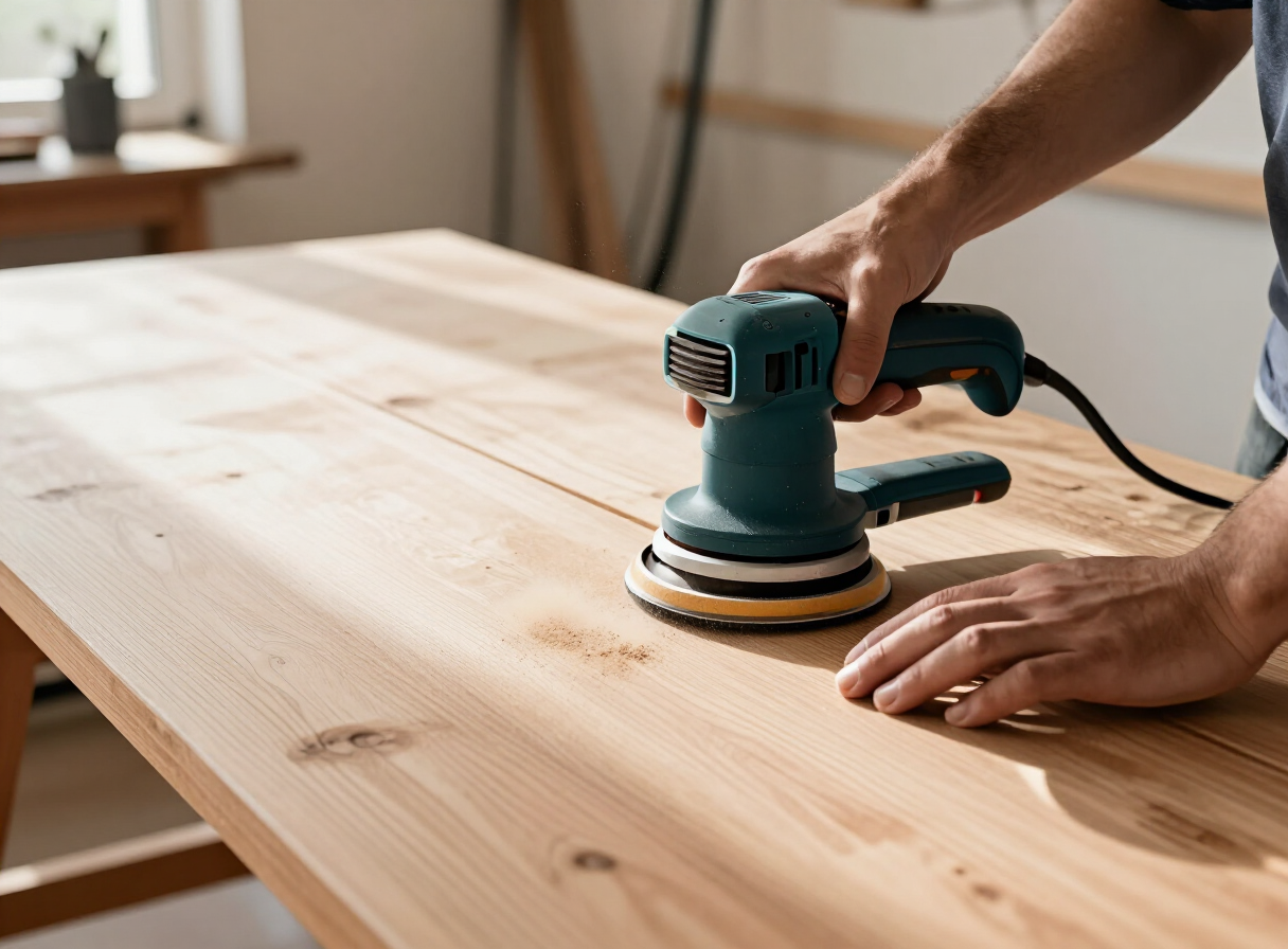 A random orbital sander being used on a large wooden tabletop in a bright workshop, fine dust being captured, woodworker guiding the tool