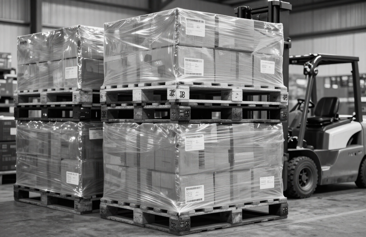 Pallets of overstock inventory wrapped and ready in a distribution warehouse