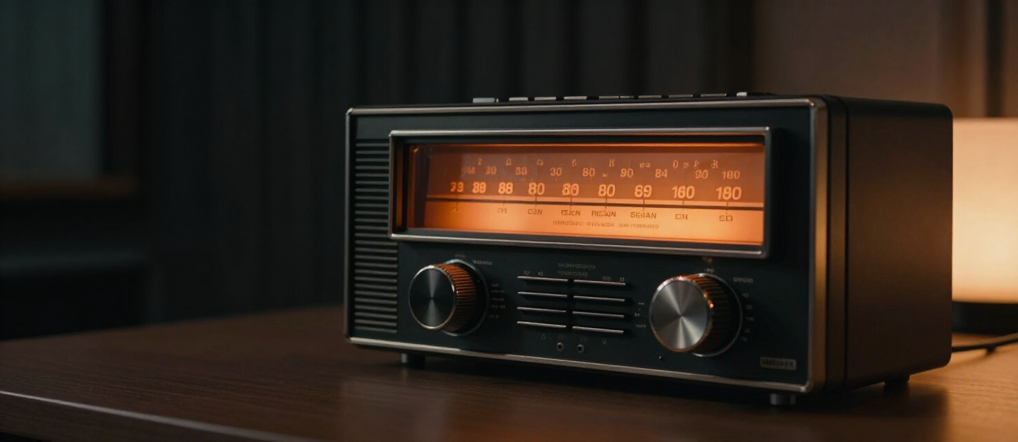 An amber-lit analog radio tuner in a dark broadcast studio