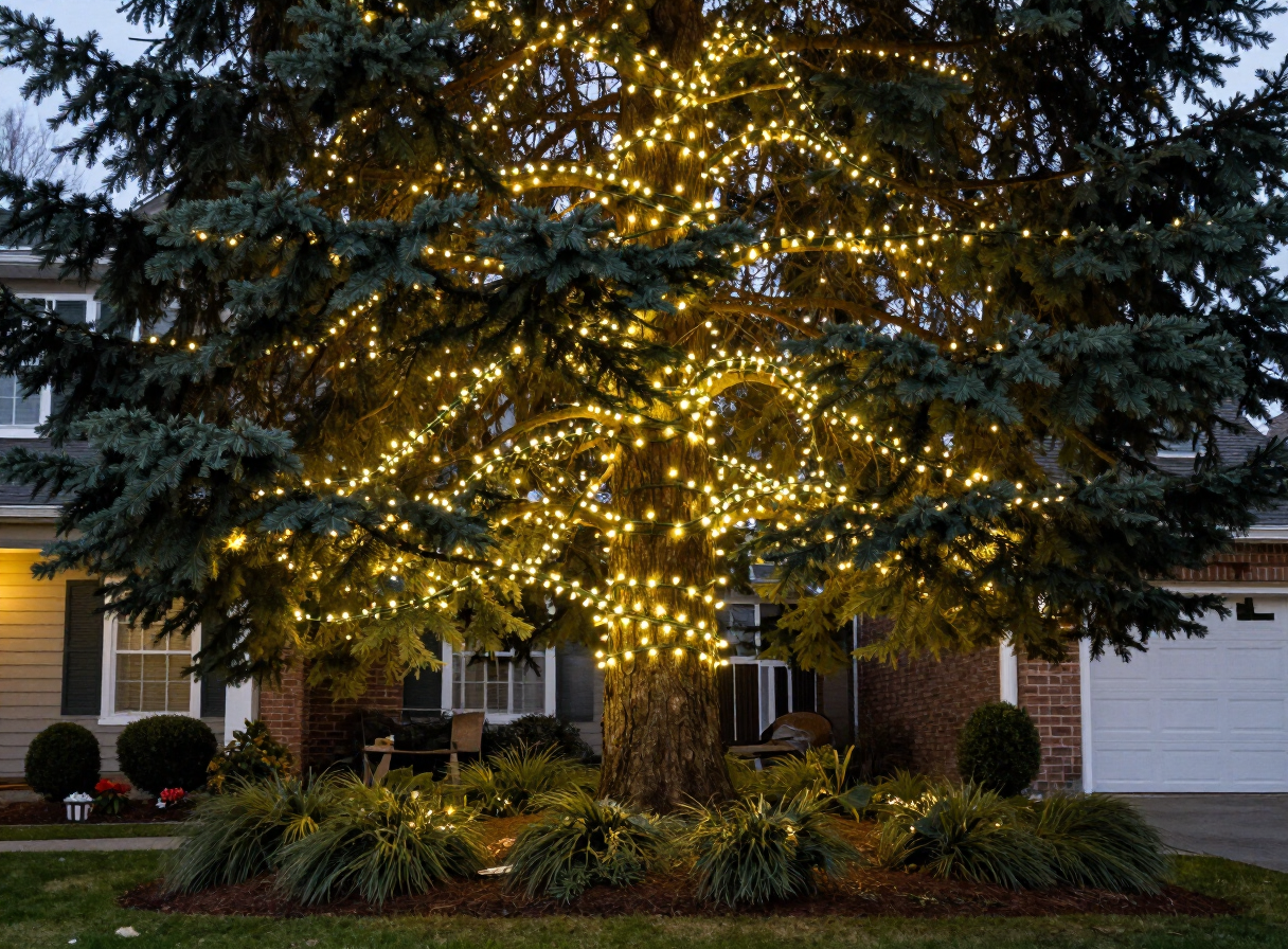 Christmas tree assembly and light outfitting in Vancouver with full outdoor coverage and complete seasonal configuration.