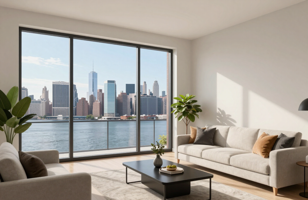 Illustrative modern Hoboken high-rise condo living room with Hudson River view and freshly painted neutral greige walls