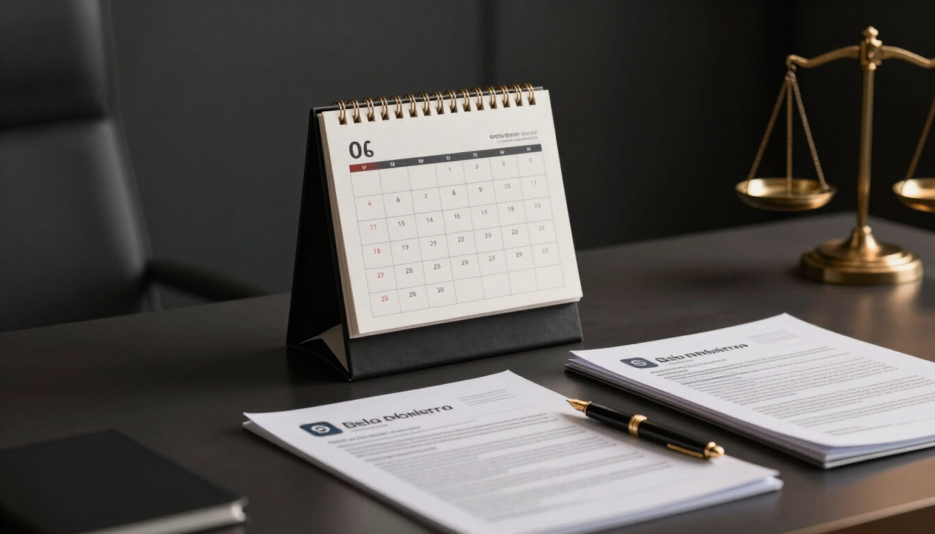 Mesa de advogado com calendário aberto em outubro, documentos tributários e caneta dourada sobre fundo escuro, representando a janela de opção pelo Simples Nacional para 2027.