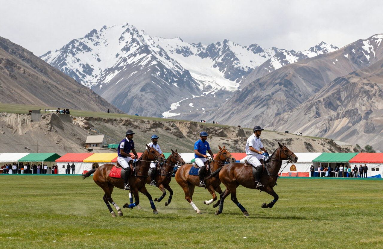 Polo players on horseback at Shandur Pass, the world’s highest polo ground