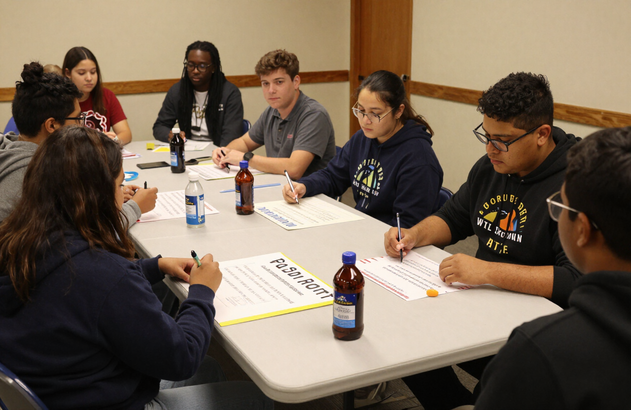 Students teaching adults at a community water safety workshop
