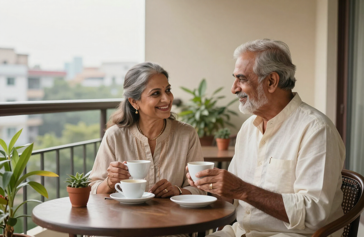 Senior Indian couple enjoying morning tea on their balcony