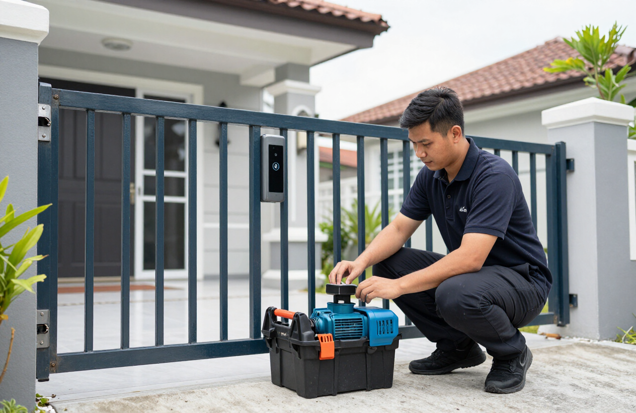 Technician servicing an automatic sliding gate motor at a Selangor bungalow