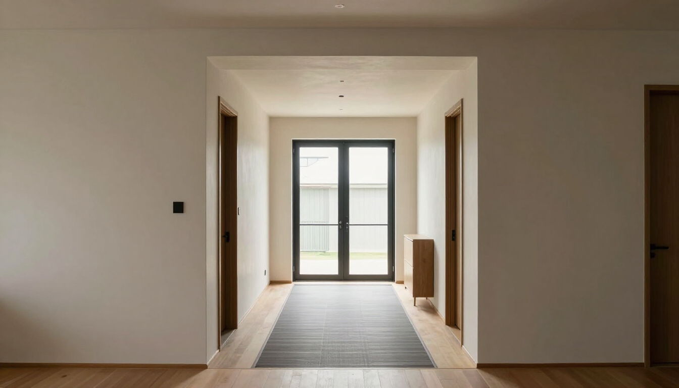 A modern accessible home interior with a widened doorway and ramp in soft natural light