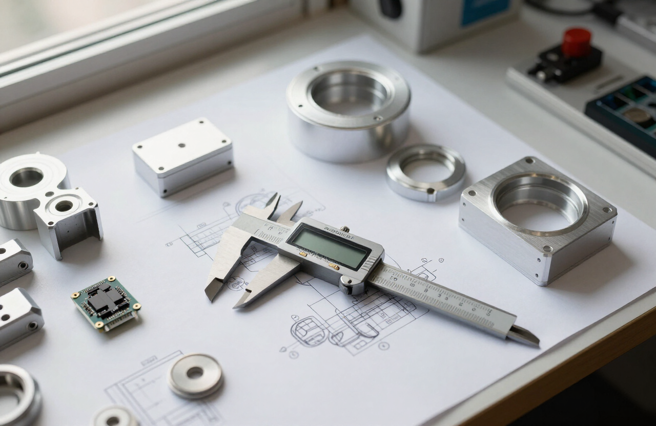Technical engineering drawings with a precision caliper and components