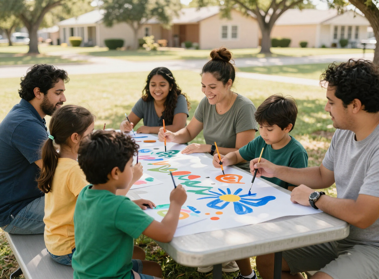 Diverse families and children creating something together outdoors, laughing and sharing materials