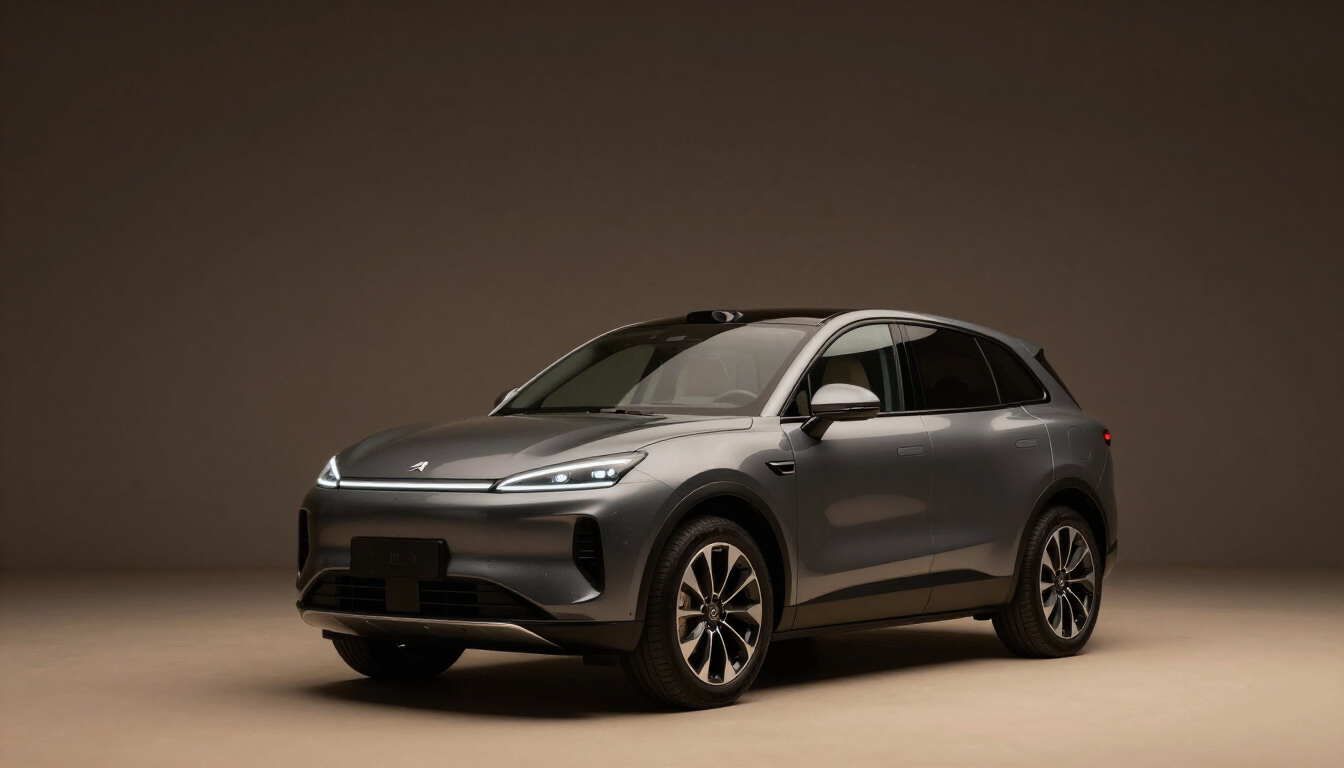 Graphite luxury vehicle in a studio