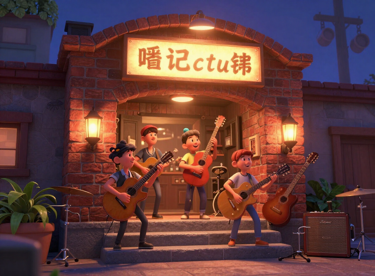Cartoon brick cellar club entrance with musicians carrying guitars