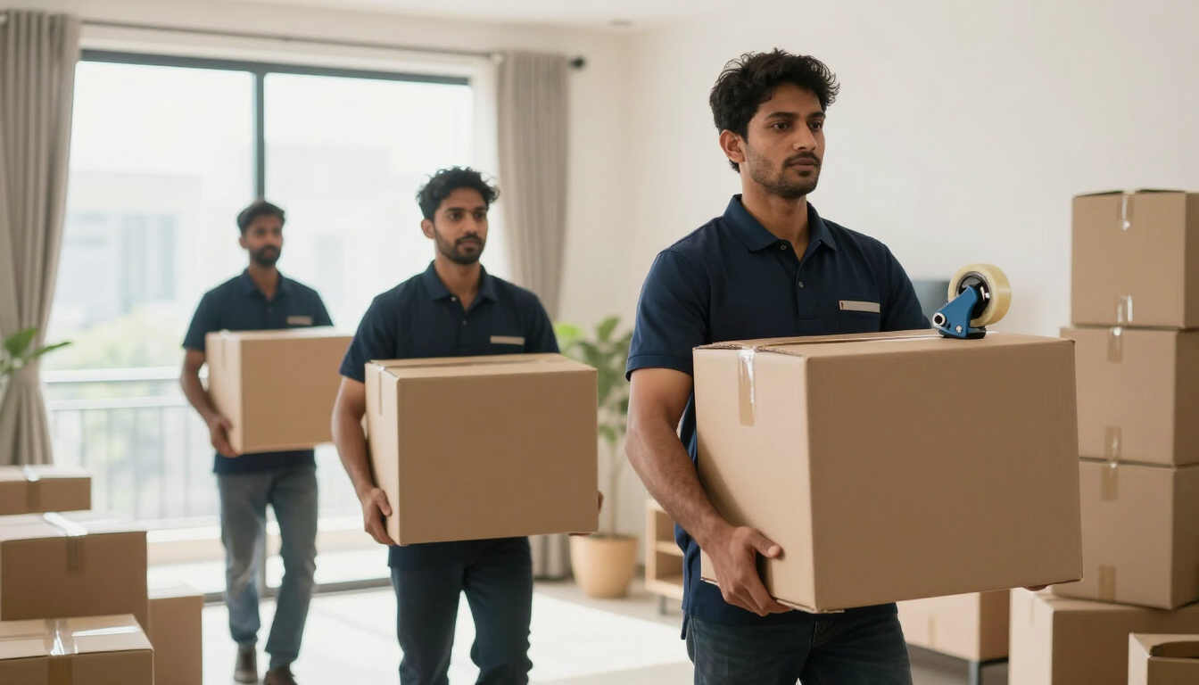 Moving Box crew carrying packed cartons during a home relocation