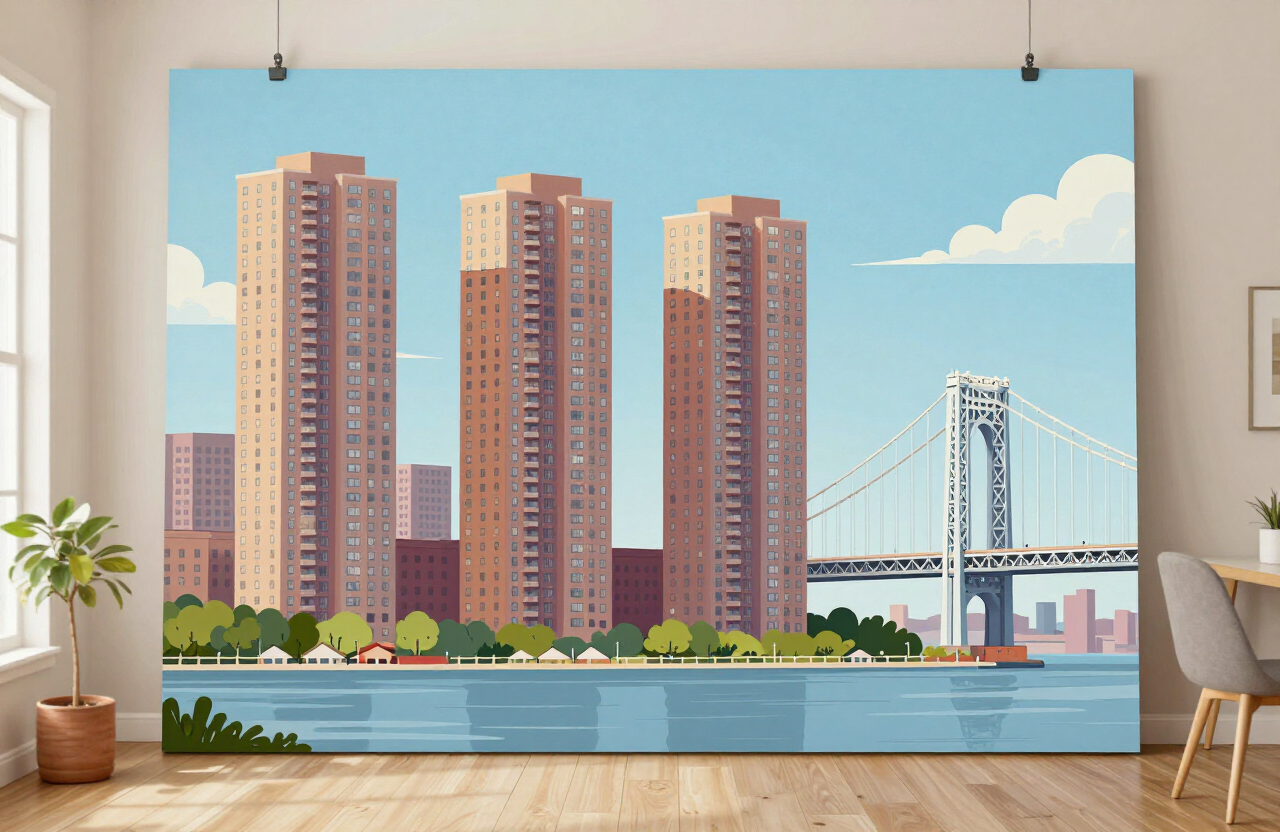 Illustrative exterior view of Fort Lee NJ high-rise residential towers along the Palisades near the George Washington Bridge