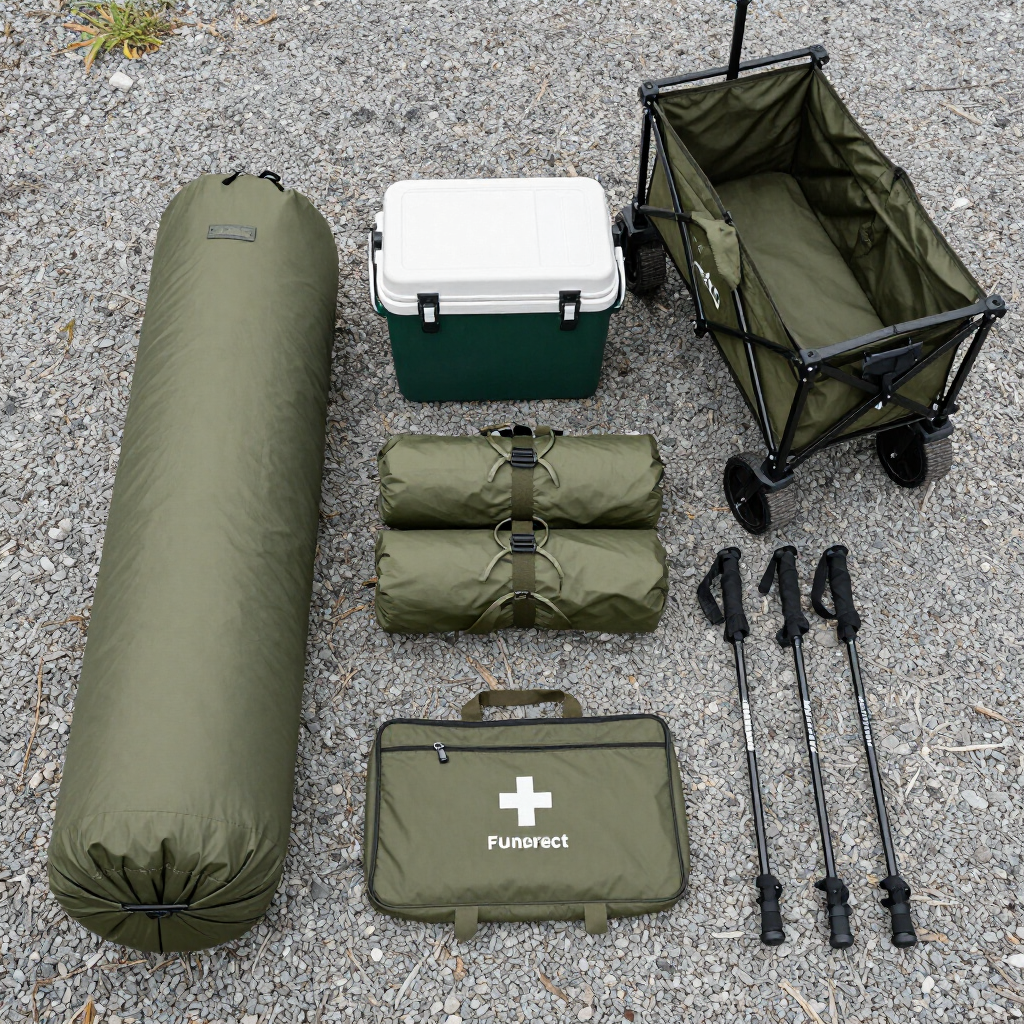 Overhead flat-lay of organized camping festival gear including a tent stuff sack, rolled sleeping bags, a cooler, a folding wagon, and a first-aid kit
