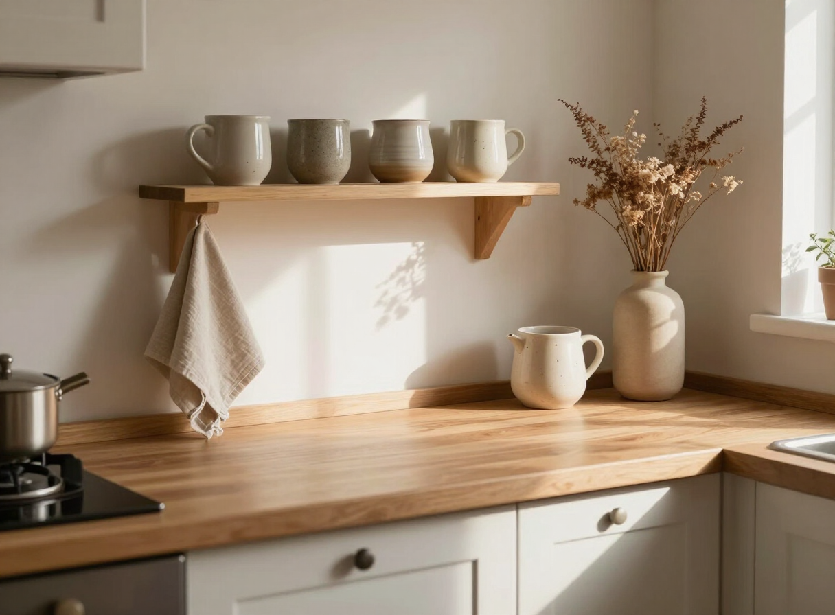 Cozy small European kitchen with stoneware mugs and a linen tea towel