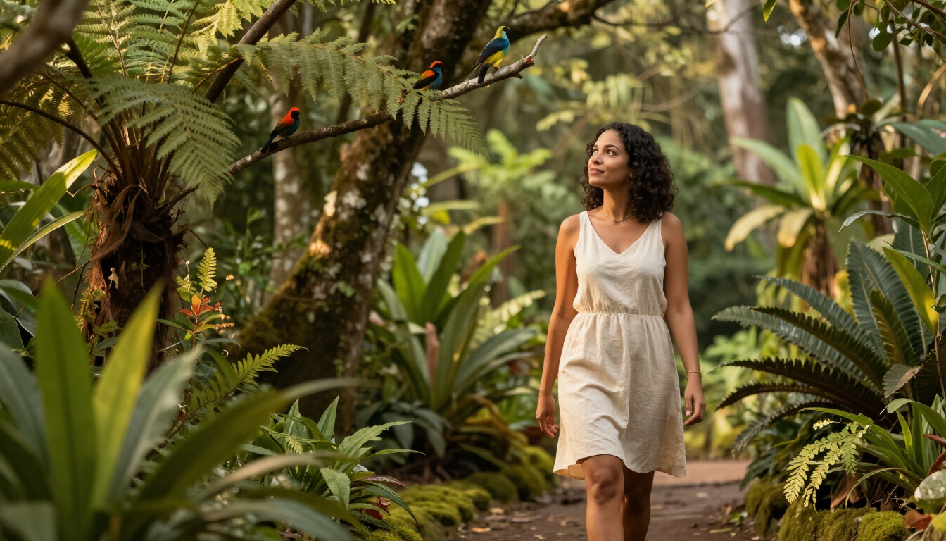 Mulher caminhando em jardim de mata atlântica observando pássaros ao amanhecer