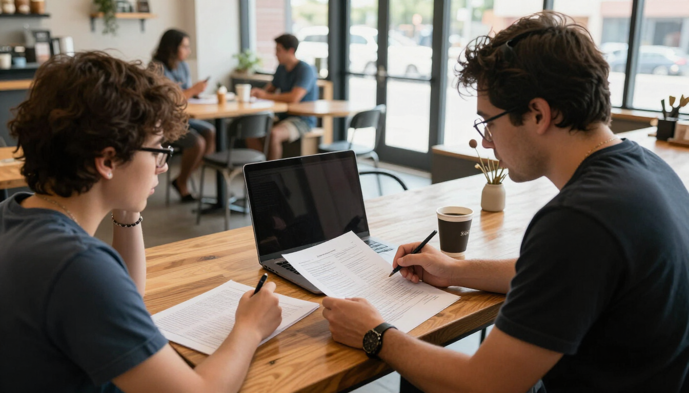 A consultant and a small business owner reviewing process documents together at a table