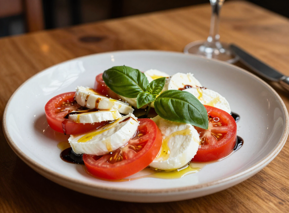 Caprese salad with fresh mozzarella, sliced tomatoes, basil and balsamic glaze