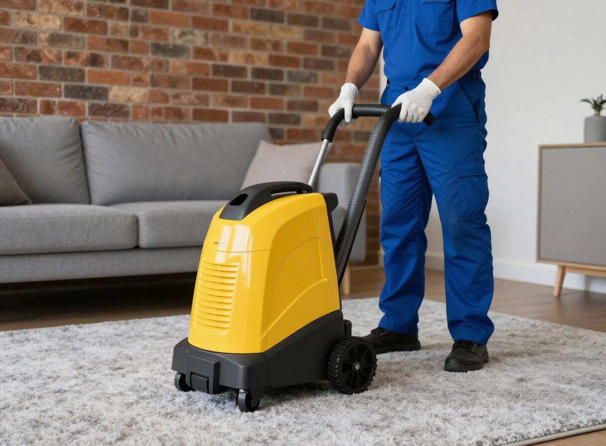 Professional carpet cleaner operating an extraction machine on commercial carpet flooring