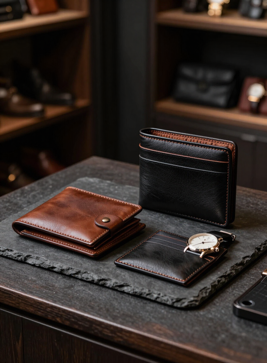 Carteras de piel para caballero en tonos café y negro sobre piedra