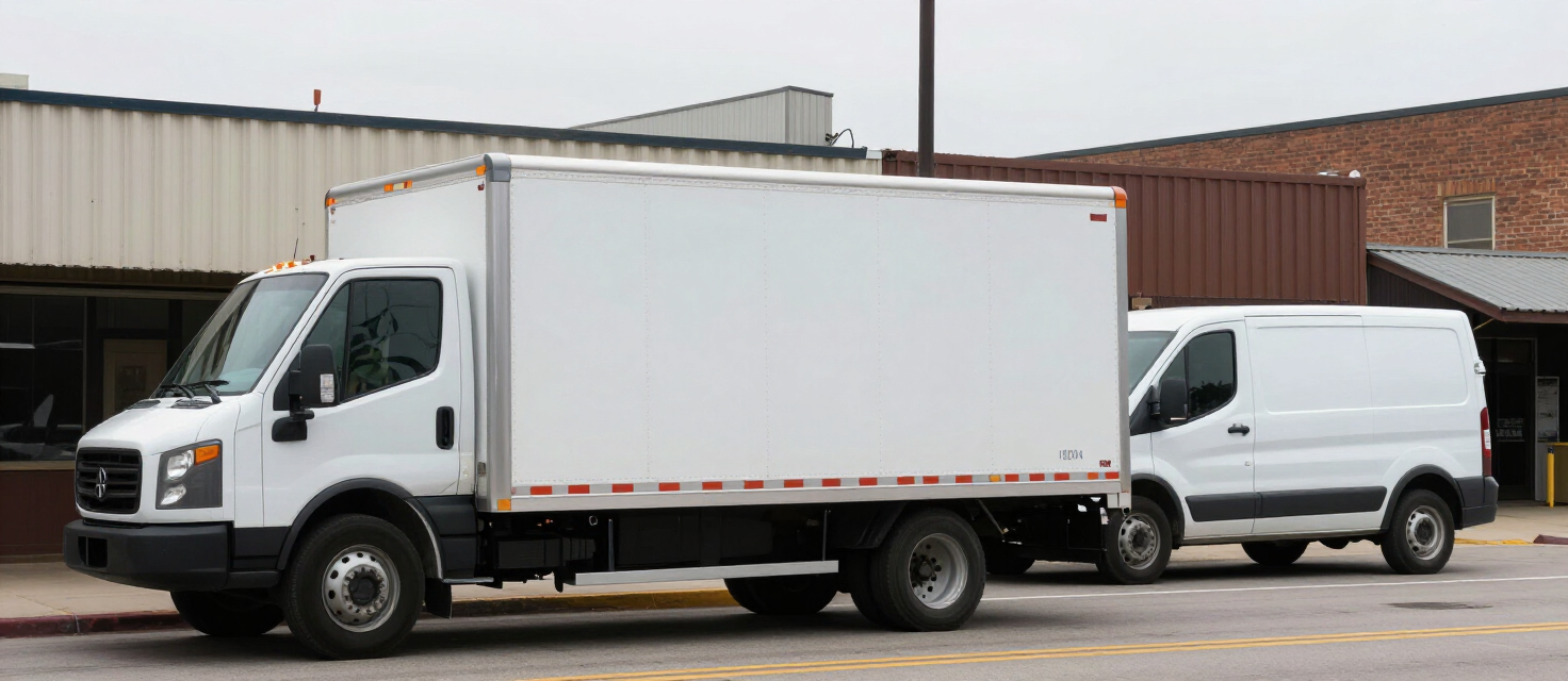 Delivery box truck and work van on a Kansas City commercial street in overcast daylight