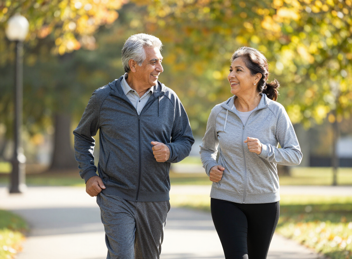 An active senior couple walking briskly outdoors in a park.
