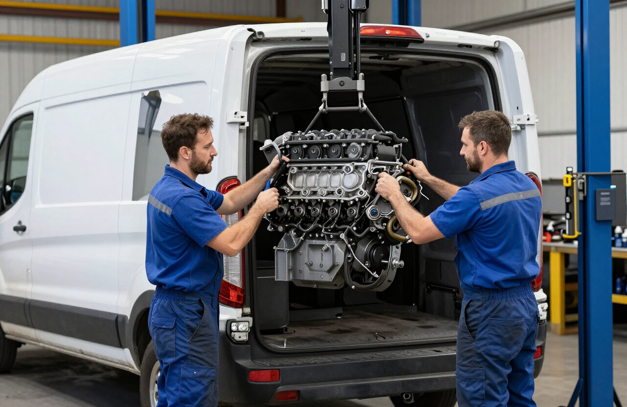 Reconditioned Ford Ranger engine being fitted