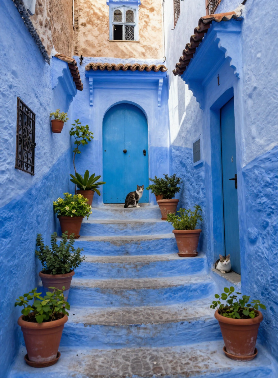 A narrow blue-washed alley in Chefchaouen with terracotta plant pots on the steps