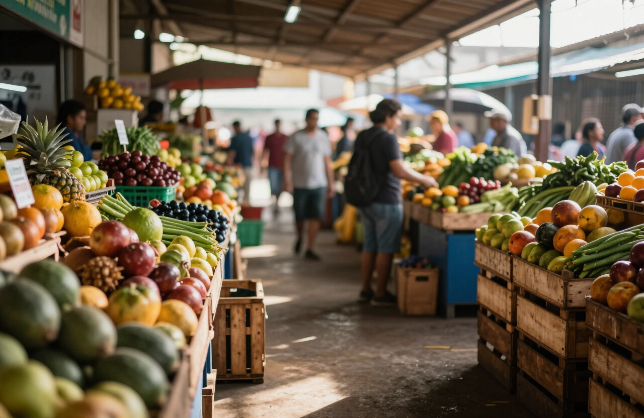 Corredor de feira livre no Distrito Federal, com barracas de frutas e verduras