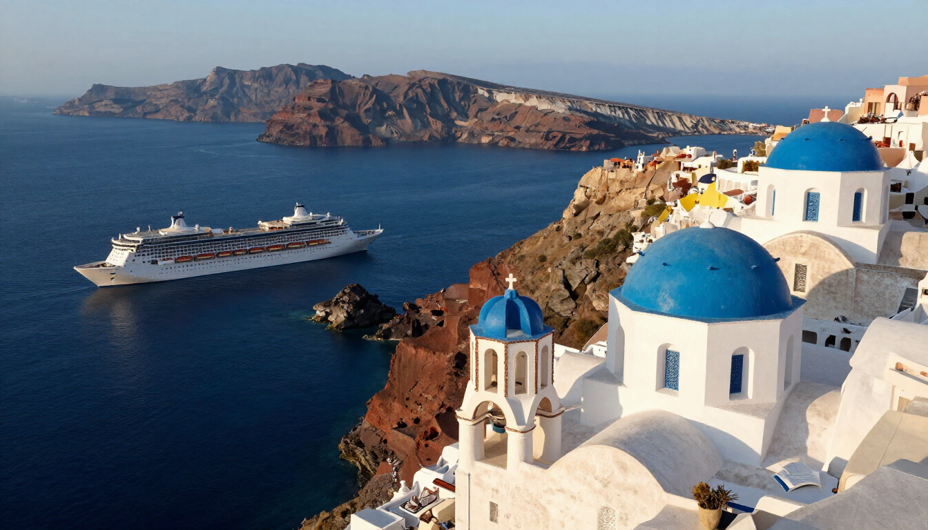 Cruise ships anchored in Santorini's caldera beneath whitewashed cliffside villages, Greece