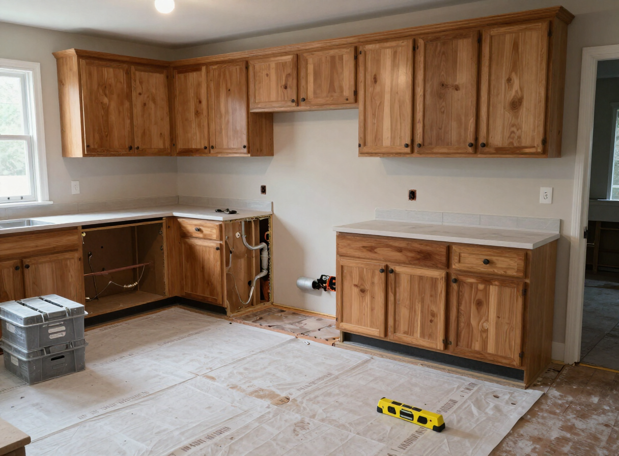 Ballantyne kitchen remodel in progress, with new plumbing and electrical rough-in at the subfloor