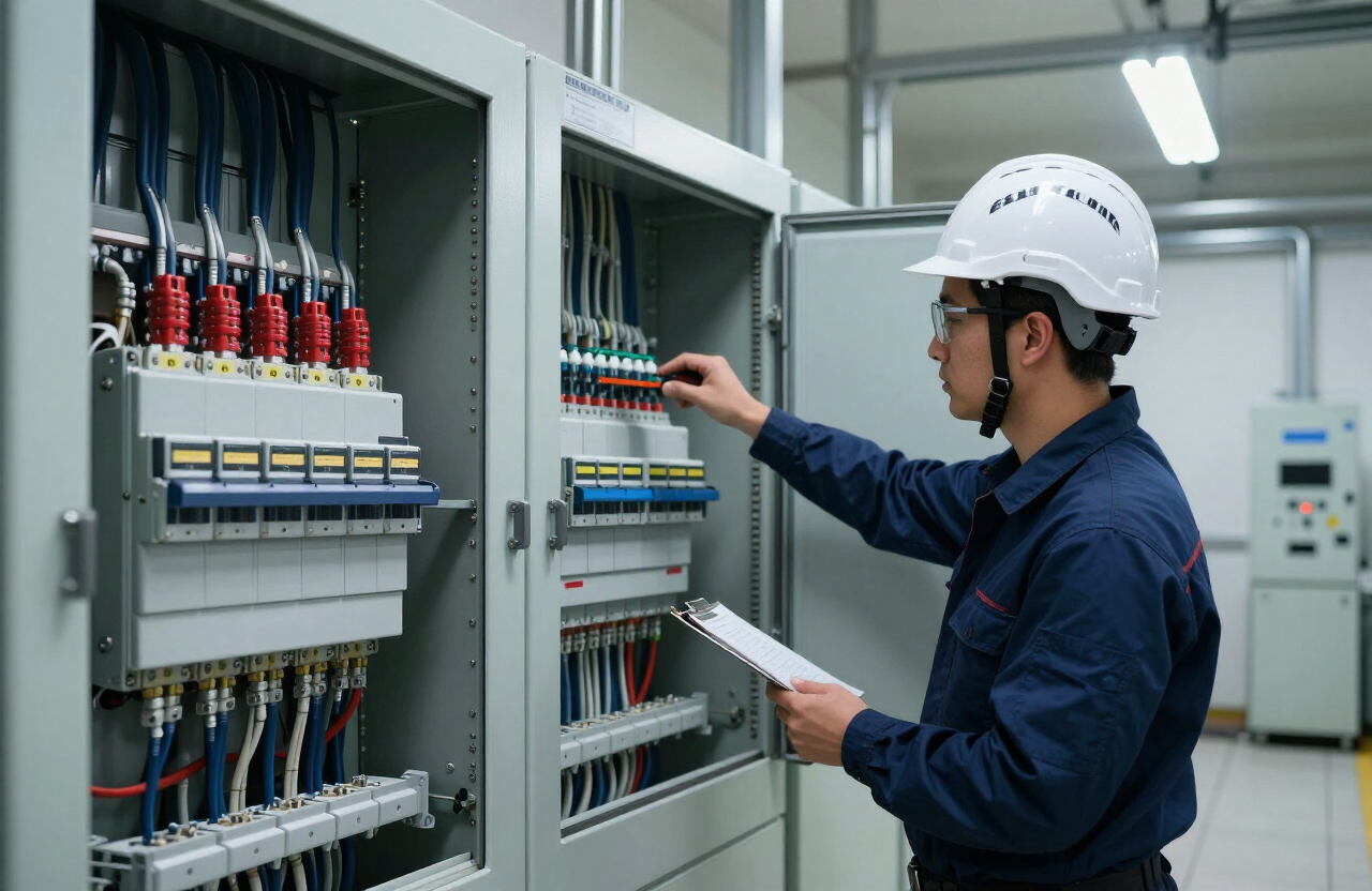 Tecnico al lavoro su un quadro elettrico industriale