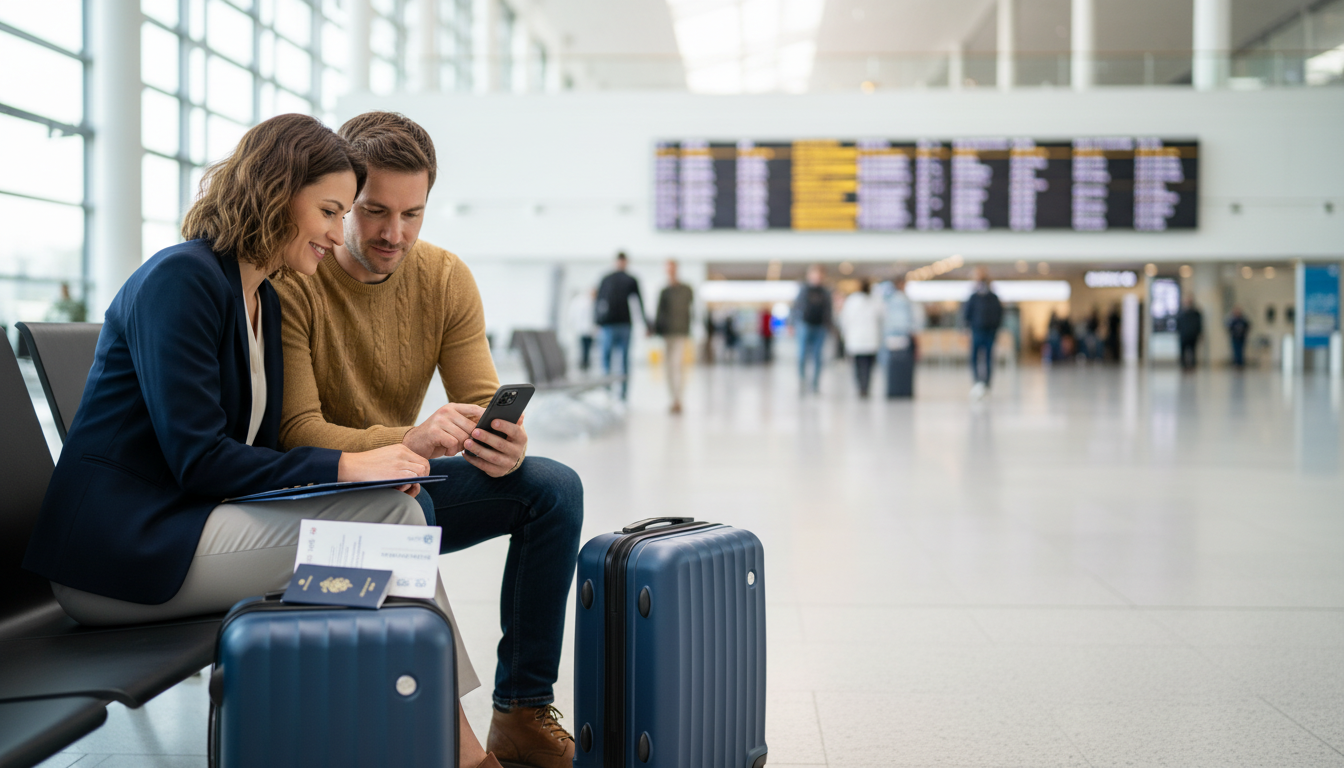Casal com malas no saguão de um aeroporto conferindo os documentos do seguro viagem para os Estados Unidos
