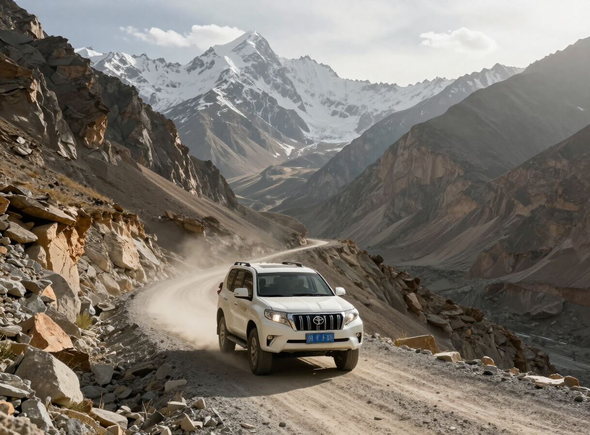 A Chitral Tours 4x4 Prado on a winding mountain road in the Hindu Kush