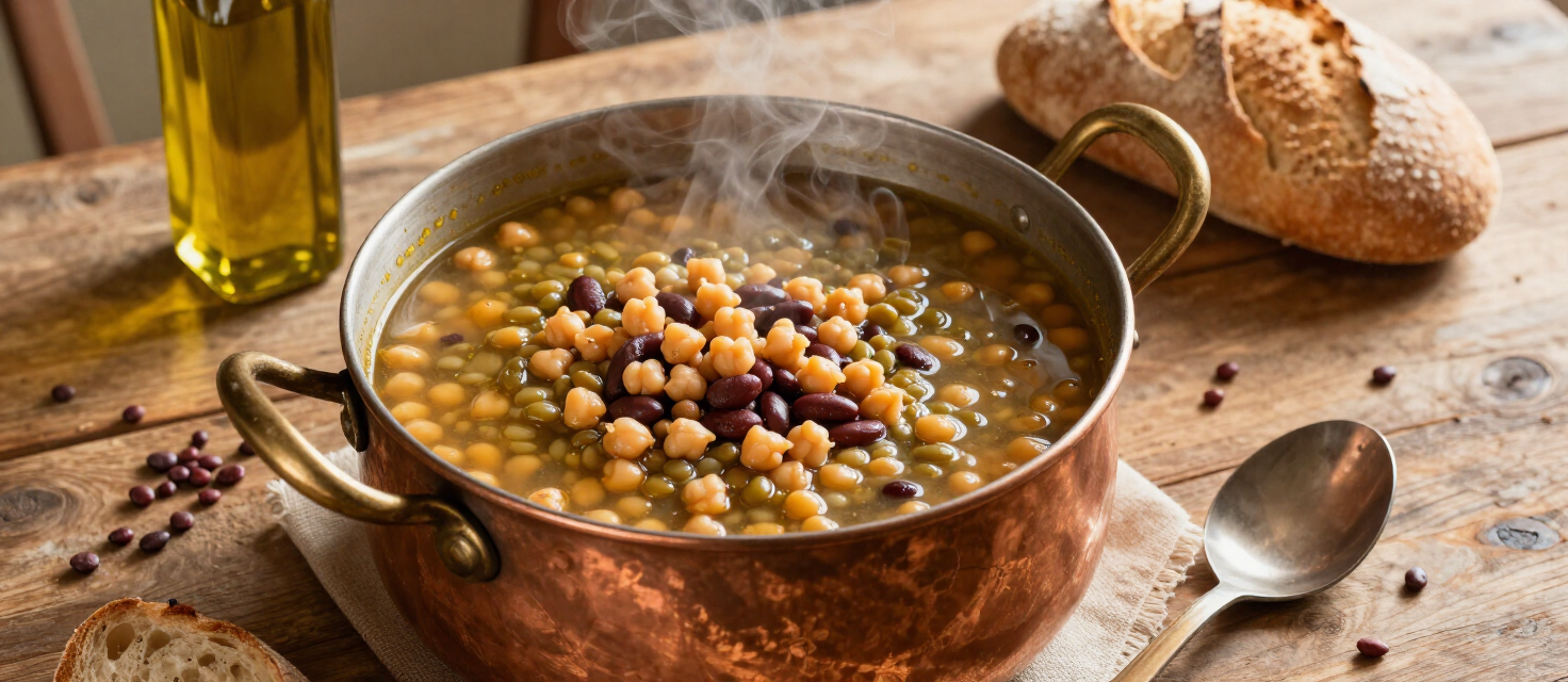 Pentola di rame con zuppa di legumi su una tavola contadina campana