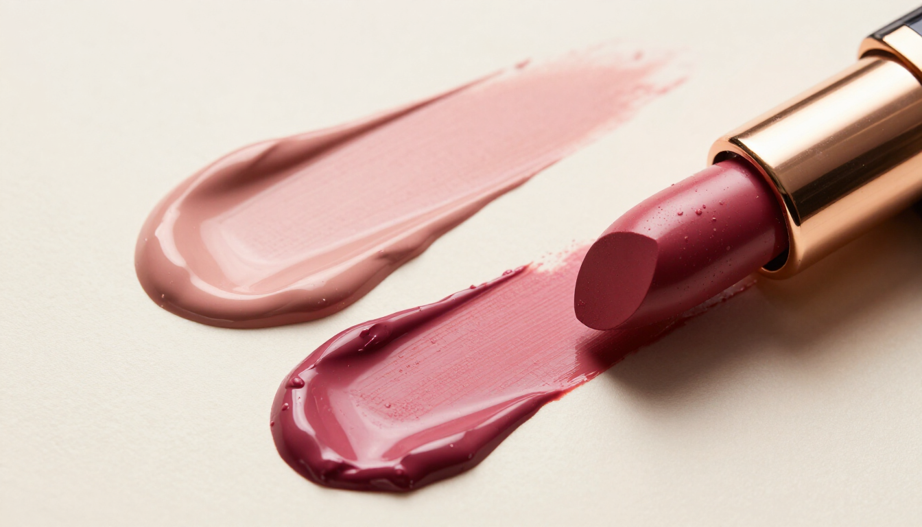 Macro swatches of lipstick and gloss in nude-pink, rose and berry shades