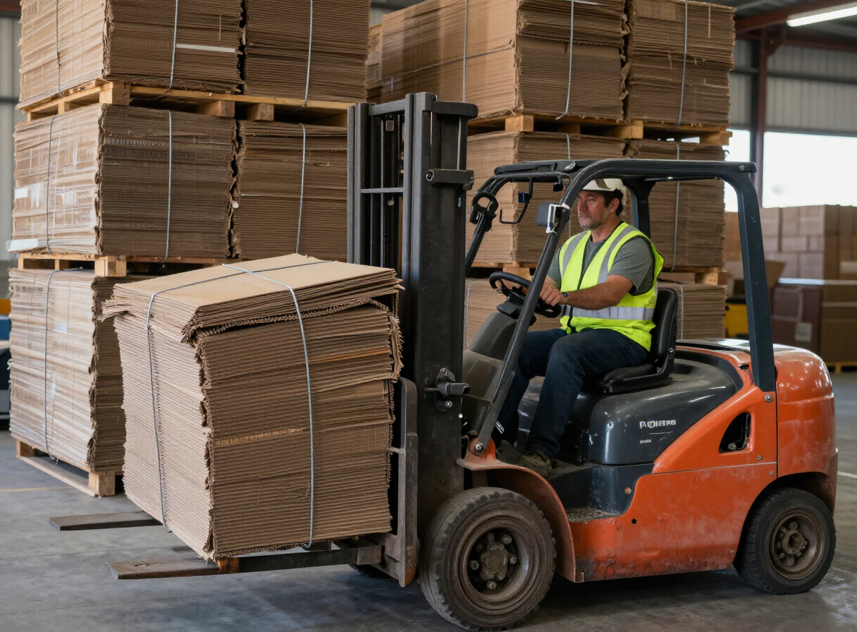 A forklift moving a wire-tied cardboard bale across a Phoenix warehouse floor