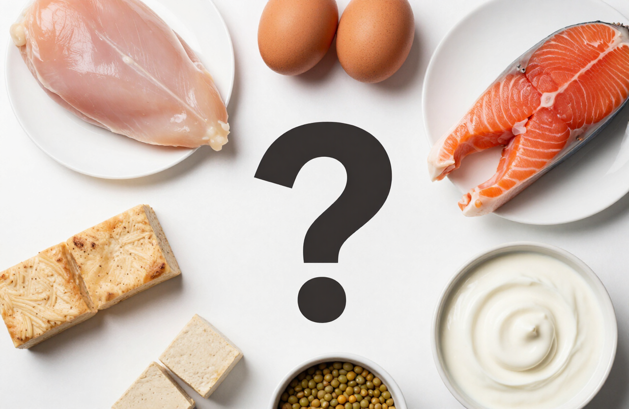 Flat-lay of high-protein foods including chicken, eggs, salmon, Greek yogurt, lentils and tofu illustrating common protein myths