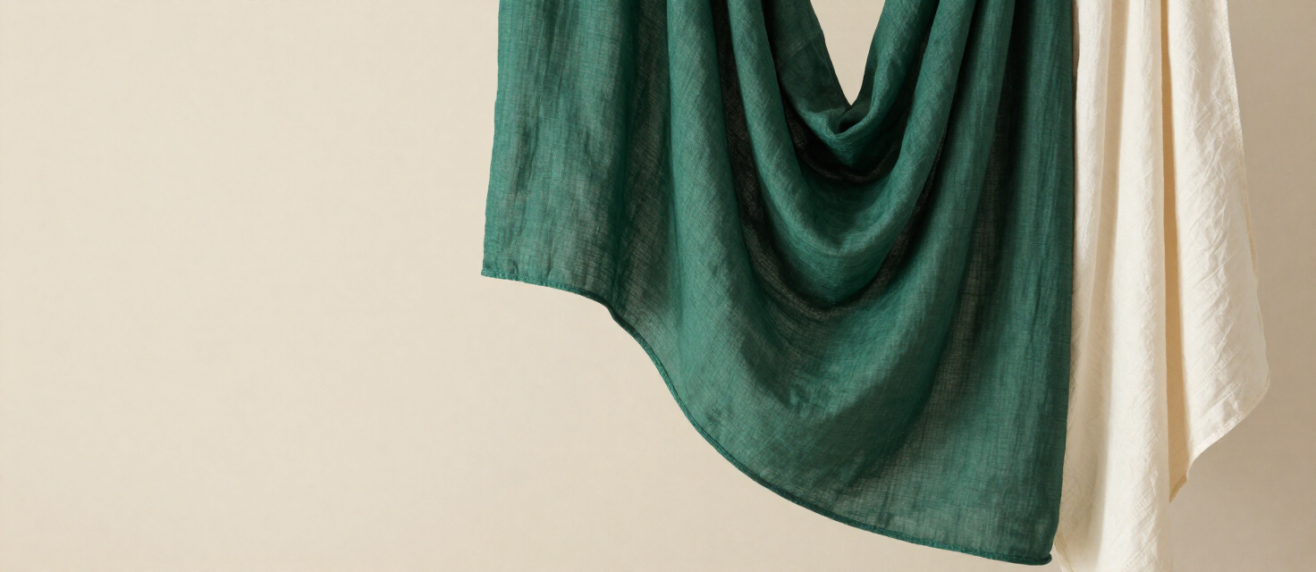 Lipatan kain emerald dan ivory dengan tekstur premium