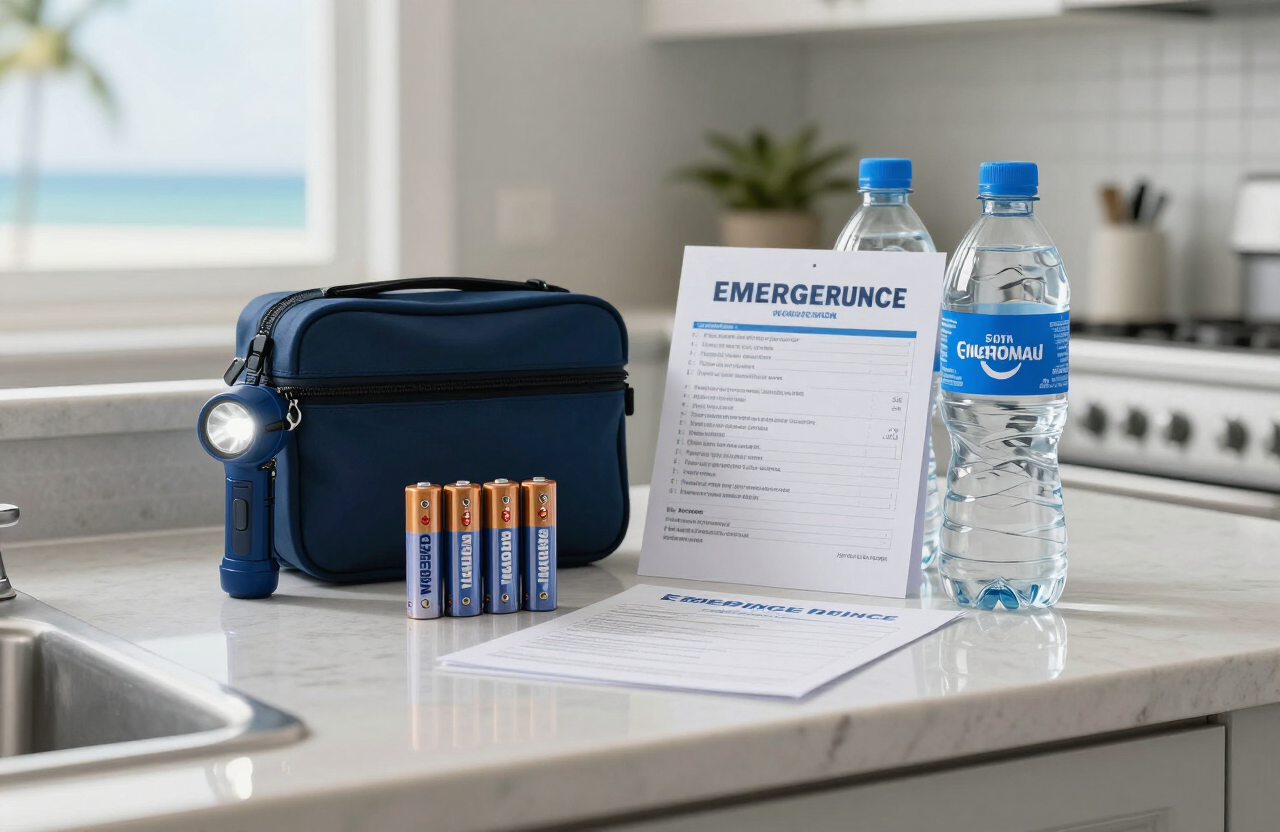 Hurricane preparation supplies on a kitchen counter in a Florida home