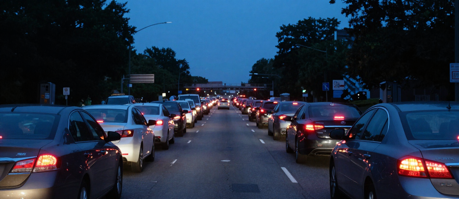 Kansas City interstate at dusk with dense brake lights from stopped vehicles in stop-and-go traffic