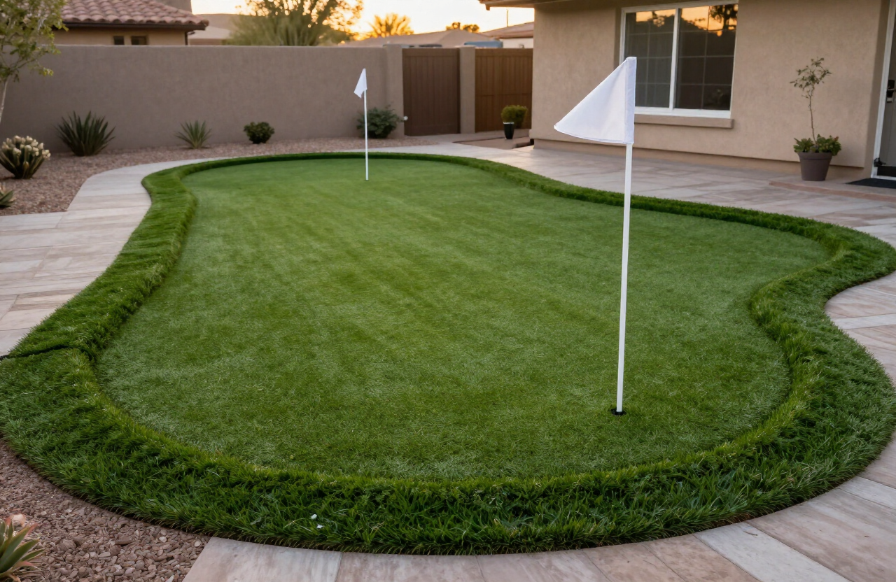 Backyard putting green with two flagged holes in warm evening light