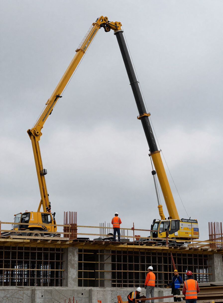 Getto di calcestruzzo su grande cantiere infrastrutturale con pompa e casseri