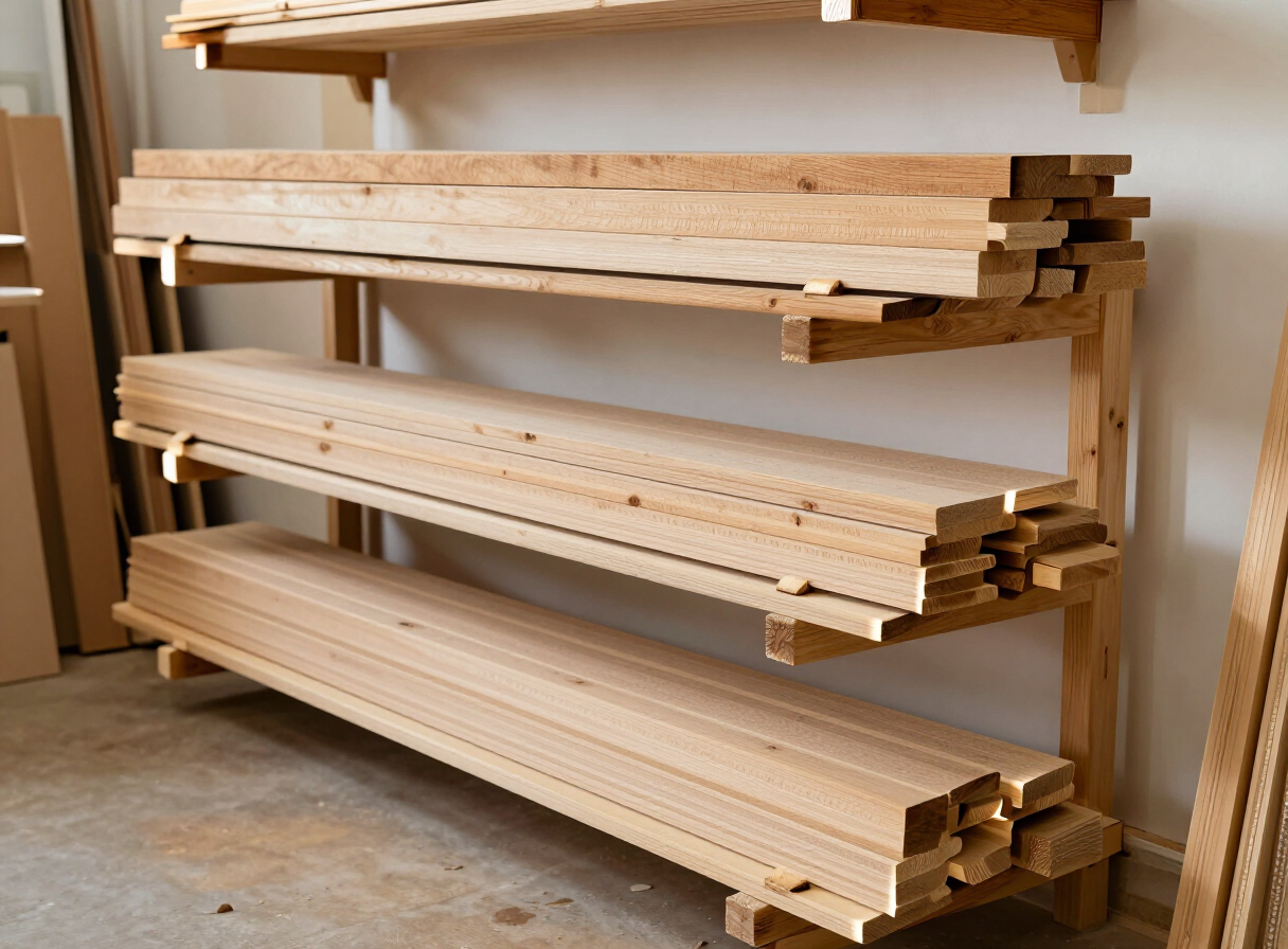 A dedicated wooden lumber storage rack in a small workshop holding neatly organized boards of various lengths upright and horizontally supported