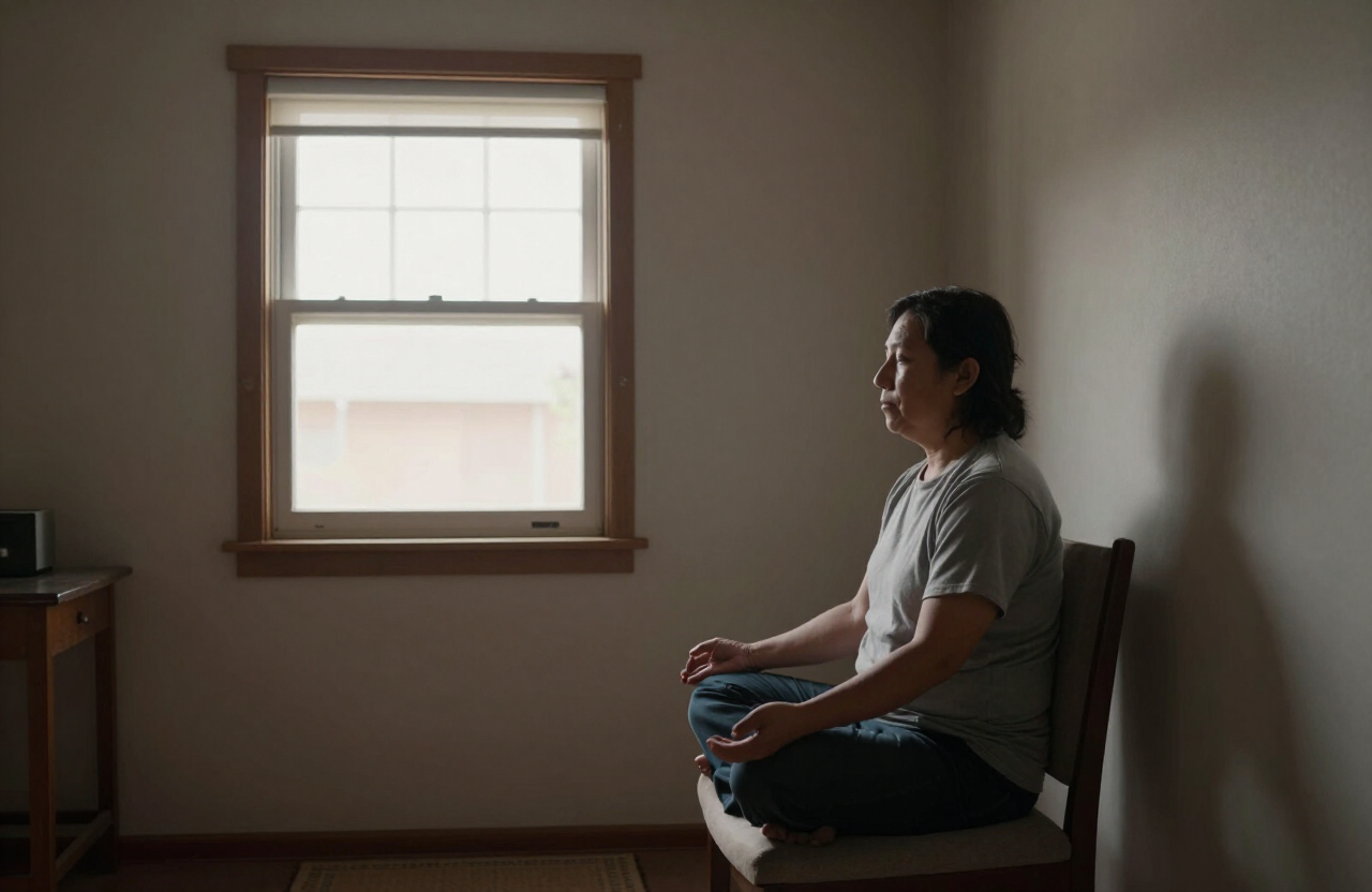 One person sitting by a window, mid-morning, nothing moving.