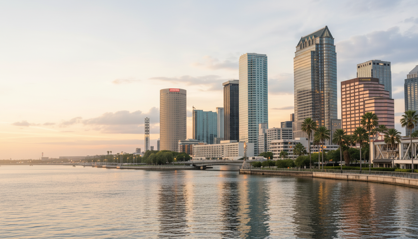 Downtown Tampa skyline across the waterfront at sunset