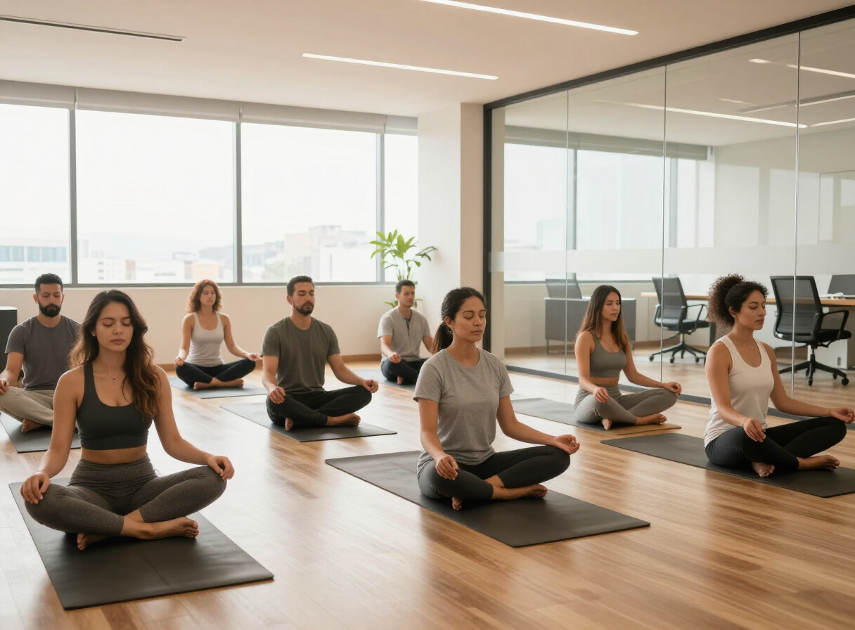 Personas meditando en mats de yoga en una oficina luminosa