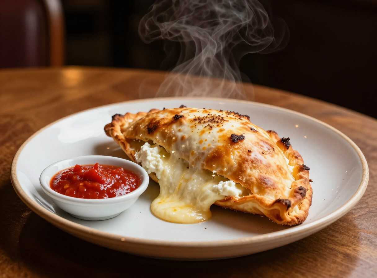 Golden-baked calzone stuffed with mozzarella and ricotta with marinara dipping sauce