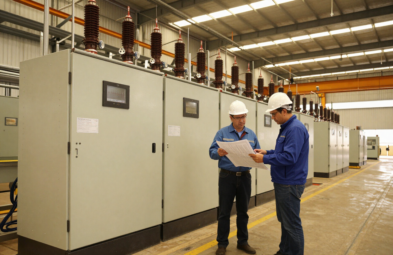 Engenheiro analisando projeto elétrico industrial ao lado de painel de distribuição em fábrica