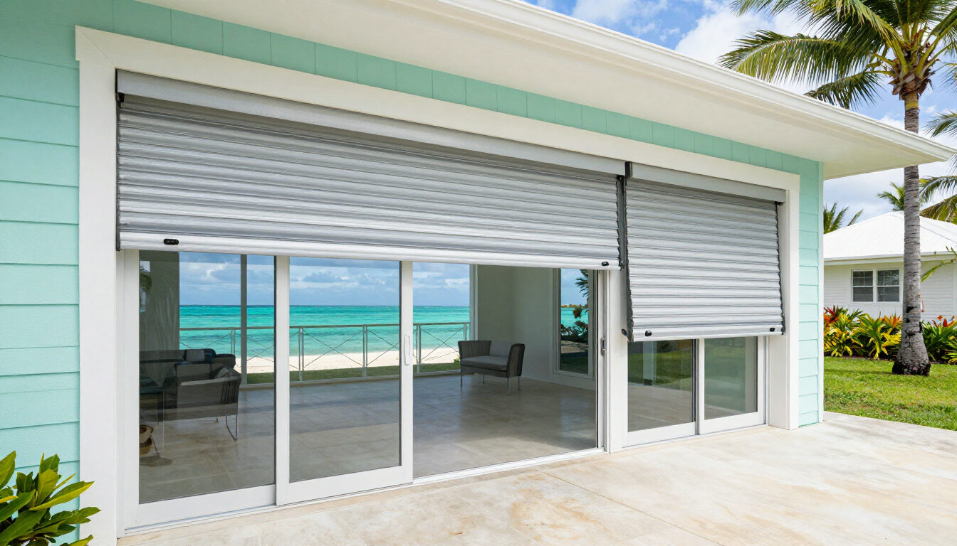 Aluminum roll-down hurricane shutters on a coastal home in Nassau, Bahamas